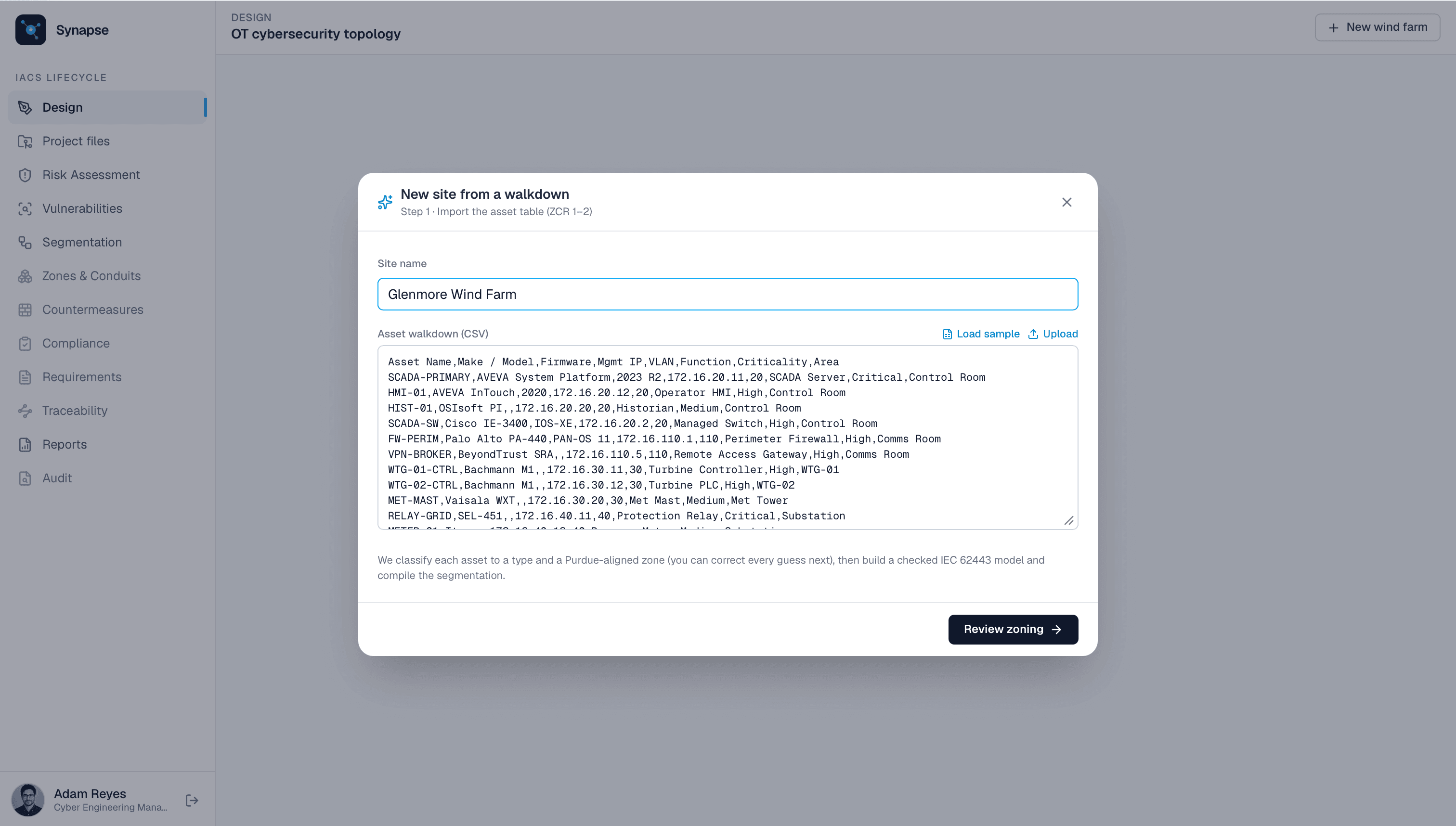 Step 2: Import: paste, upload, or load the deliberately-messy sample walkdown.