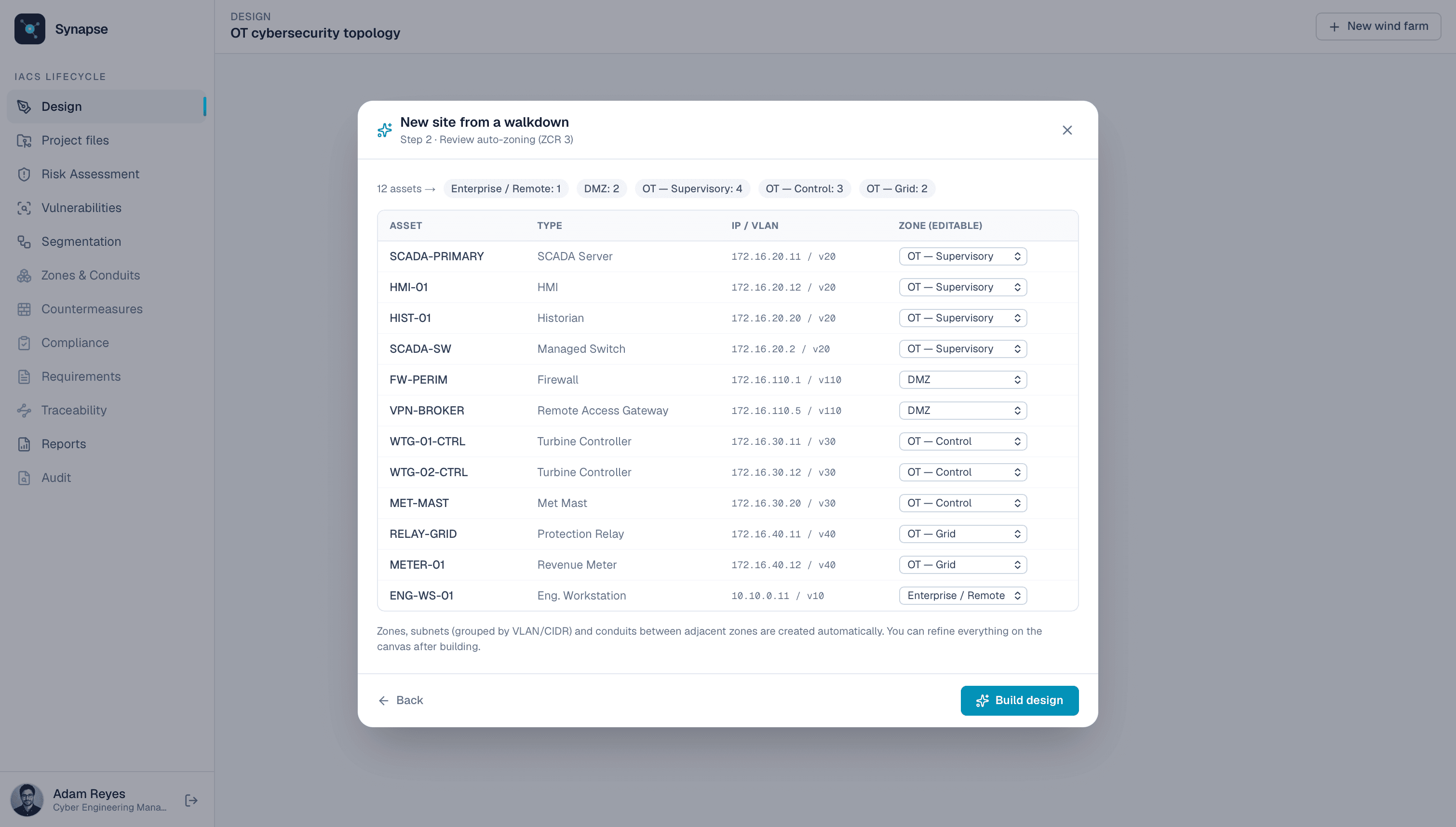 Step 3: Review: the auto-classified assets, zone-count summary, and an editable zone on every row.